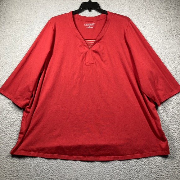 Catherines‎ Suprema Collection Top Womens 4X Red V Neck 3/4 Sleeve Relaxed Comfy - Picture 1 of 11